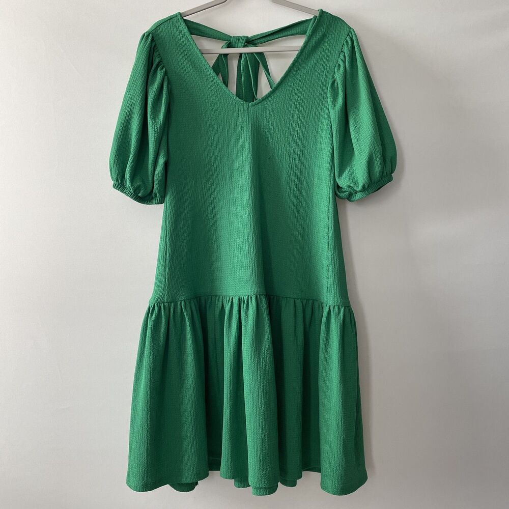 NWT Gibson Latimer Tiered Shift Dress Puff Sleeve Textured Green Size M